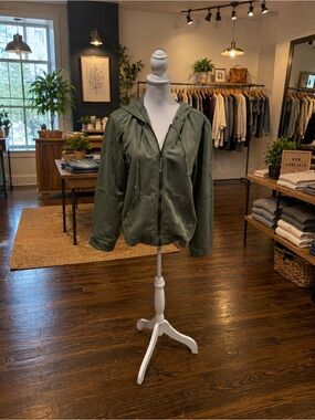 Khakis Size Large Olive Green Hooded Utility Jacket Zip Front Pockets